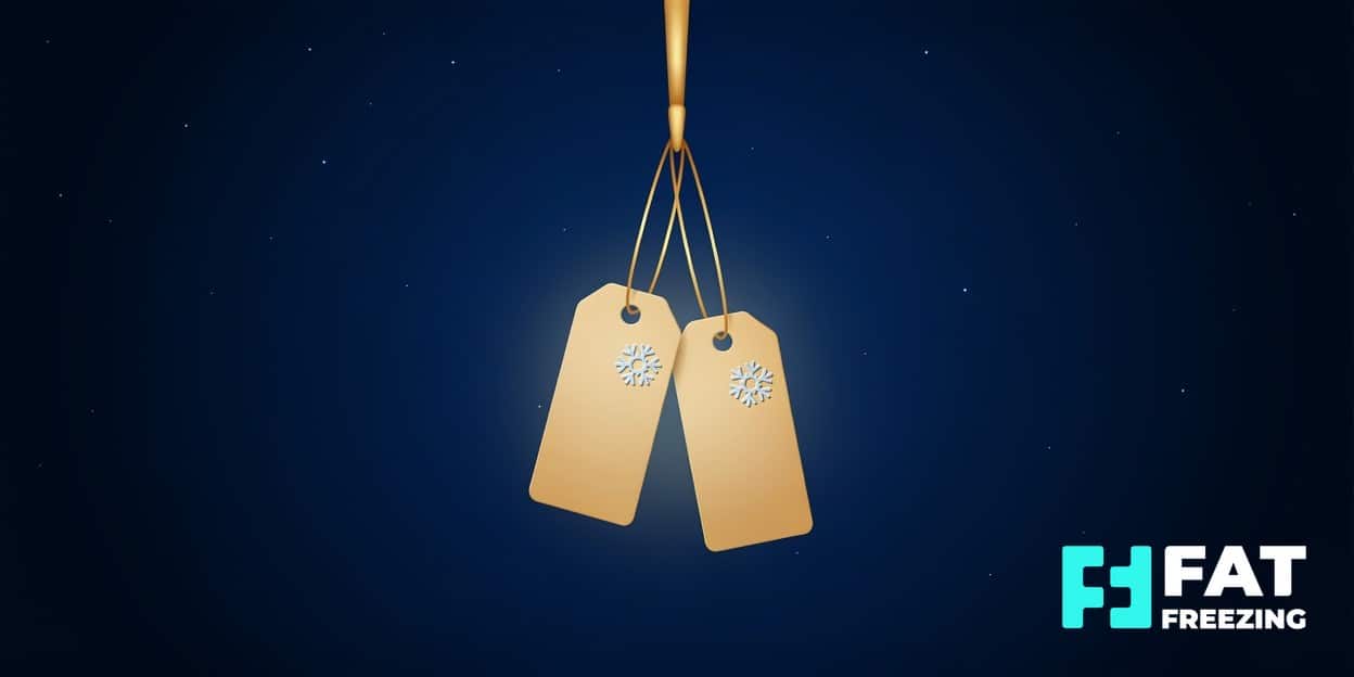Two blank gold price tags hanging together beneath a hook.