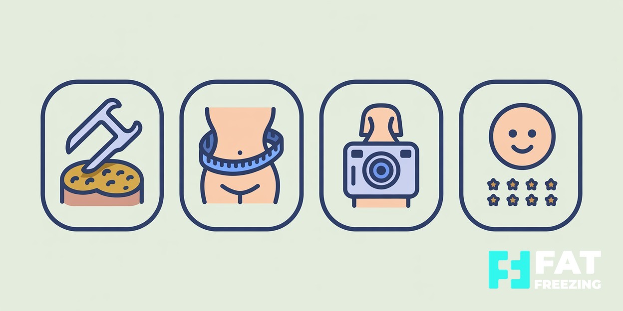 Four icons representing tissue measurement, waist circumference, photography and satisfaction.