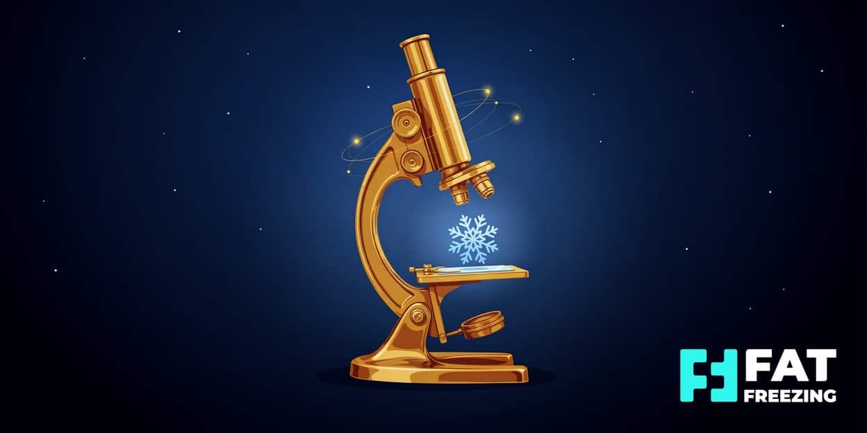 Gold microscope with a snowflake on its stage.